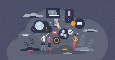 Sosyal medya ve dijital iletişim uygulamaları küçük insan konsepti. Multimedya paylaşımı, paylaşım, yorum etkinliği vektör illüstrasyonu için web sitesi. Genel günlük, iletişim ya da sohbet ağı.