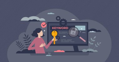 SEO ve web sitesi içeriği için anahtar sözcük araştırması küçük kişi konseptini sıraladı. Arama motoru optimizasyon iyileştirme çalışması çevrimiçi meta veri sonuçları ve bilgi tanımı vektör illüstrasyonu ile.