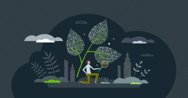 Biyomimikri ya da biyomimetik doğa elementleri taklidi küçük insan konsepti. Modeller, sistemler veya materyaller doğal maddeden insan yenilik vektör ilüstrasyonuna kadar kullanılır. Mikrobiyolojik araştırma.