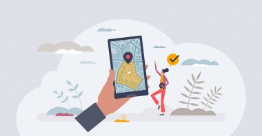 Coğrafi alan sınırı olarak pazarlama hareketi için küçük insan konsepti. Akıllı telefon ekommerce sistemi için GPS uydu navigasyon kullanımı ve kesin hedef vektör çizimi. Harita uygulaması.