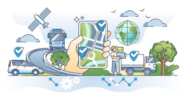 GPS tracking devices for satellite signal location detection outline concept. Global positioning system for shipment tracking and courier route for delivery vector illustration. Point on route map. clipart