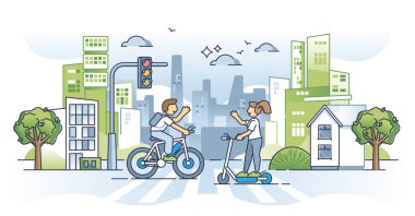 Sürdürülebilir kentsel ulaşım metodu olarak mikrohareketlilik kavramı. Çevre ve doğa dostu günlük bisiklet veya araç emisyon vektör çizimini azaltmak için scooter kiralama hizmeti.