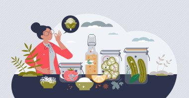 Kavanozda sağlıklı turşulu mayalanmış yiyecekler ve lahana. Küçük insan konsepti. Mide sağlığı ve gastrointestinal beslenme vektör illüstrasyonu için besin. Sağlıklı sindirim için fermantasyon süreci