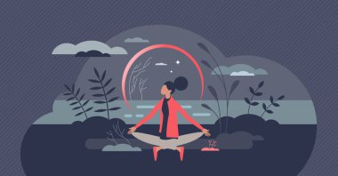 Zihinsel barış içinde farkındalık ve duygusal zihin kontrolü. Küçük insan konsepti. Nilüfer duruşu ve nefes alma vektörü çizimi olan sakin meditasyon ya da yoga. Duygusal ve ruhsal iyileşme.