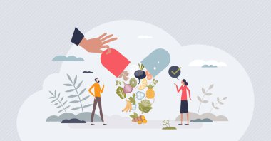 Besin takviyeleri ve vitaminli sağlıklı haplar küçük insan konsepti. Amino asitli, mikro elementli ve antioksidan vektör illüstrasyonlu doğal ilaç. Alternatif yemek ya da yemek