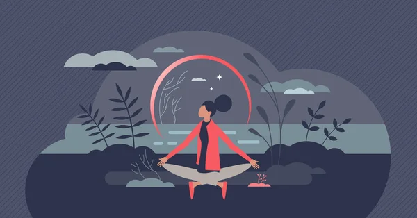 Figyelemfelkeltés Érzelmi Agykontroll Mentális Béke Aprócska Személy Koncepcióval Nyugodt Meditáció — Stock Vector