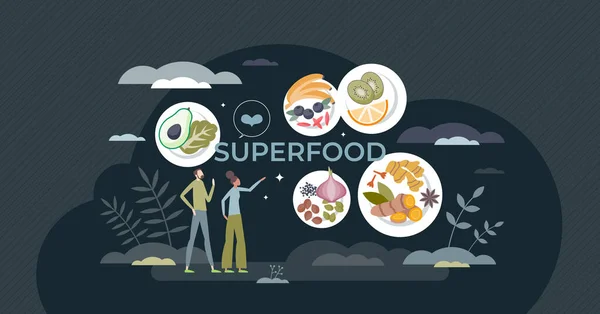 Superfoods Comme Des Produits Sains Manger Pour Santé Avantages Concept — Image vectorielle
