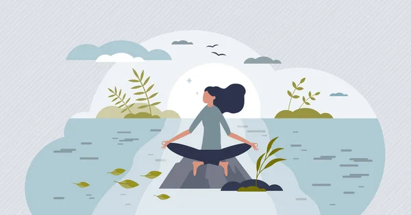 Mindfulness Meditation Mental Peace Yoga Nature Tiny Person Concept Calm — Stock Vector