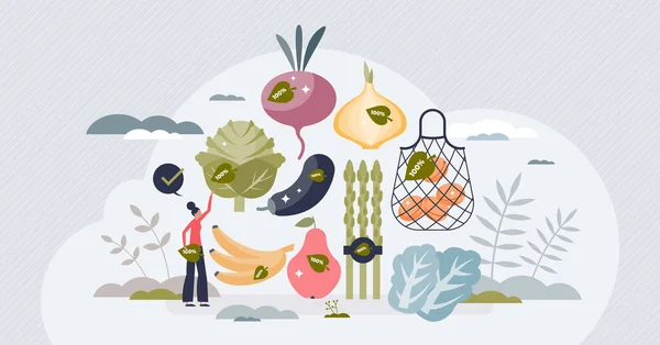 有機食品を食べると生態系の食料品ショッピング小さな人の概念 健康的な食事のベクトル図のための自然なバイオ野菜や果物の消費 季節の生物学的栄養食 — ストックベクタ