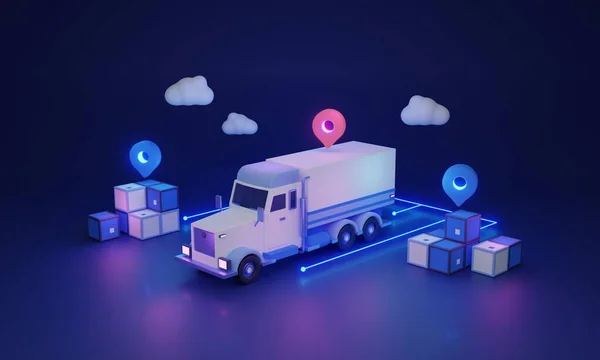 重いトラックの3Dイラストのコンセプトを使用して貨物輸送と輸出 ボックス無料として注文配送サービスでGps追跡オプション 小包物流事業者及び道路運送事業者 — ストック写真