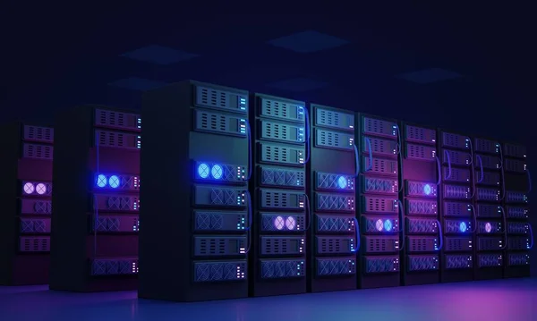 Data center for information storage and upload service 3D illustration concept. Database network facility with hardware systems for big data back up. Glowing modern servers and hard drives for files.