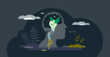 Gelişme ve gelişim anlayışı ya da gelişim davranışı minik insan konsepti. Eğitimle büyüyen kişisel zeka ve yeni beceriler vektör illüstrasyonları öğrenme. İlerici düşünme yaklaşımı.