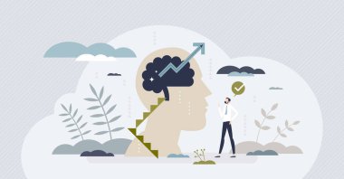 Geliştirme ve geliştirme ile birlikte gelişen zihniyet küçük insan düşüncesi. İş dünyası ya da kişisel istihbarat vektör illüstrasyonu için olumlu tavır. Merdivenler ya da merdivenler olarak zihin becerileri eğitimi.