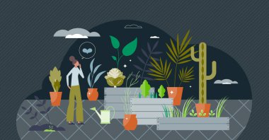 Yükseltilmiş ahşap yataklardaki bitki yetiştirme konteynırları küçük insan konsepti. Ahşap kutularda sebze yetiştirirken, ekolojik yaşam biçimi olarak kalaslarla birlikte kişisel bahçe vektör çizimi de yapılır. Çevre yiyecekleri.