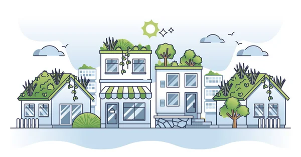 Zelené Střechy Pro Udržitelné Domy Konceptem Zahrádkářství Realitní Čtvrť Ekologickým — Stockový vektor