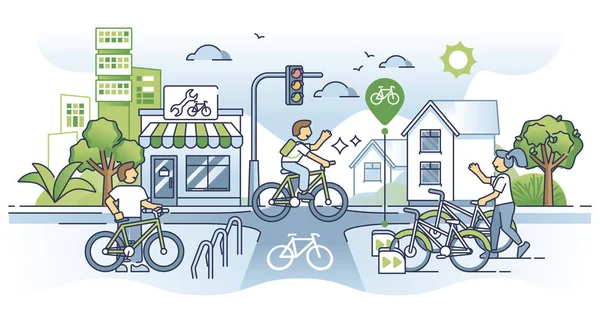 自行车基础设施和自行车线路在城市城市道路上的轮廓概念 具有公共交通和交通活动媒介的绿色 可持续和环保娱乐类型说明 — 图库矢量图片