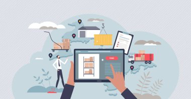 Modern depo yazılımı olan envanter yönetimi. Küçük insan konsepti. Stok analizi, arz ve talep kontrol vektör çizimi için dijital uygulama. Etkili gönderim ile optimizasyon.