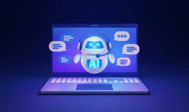 Otomatik müşteri desteği için Chatbot Yapay Zeka Asistanı 3D çizim konsepti. Yapay zeka operatörüyle sohbet robotu teknolojisi. Kullanıcı veya istemci için soruları ve cevapları olan dijital iletiler.