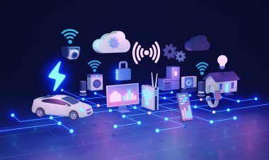 Sinyal 3 boyutlu illüstrasyon kavramına sahip akıllı aygıt olarak nesnelerin IOT veya interneti. Yenilikçi teknoloji ve web bağlantısı olan cihazlar için 5G kapsamı. Cihazlar veya güvenlik için dijital ve modern sistem