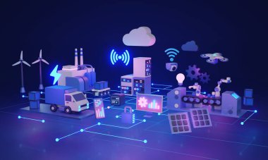 İş fabrikası, lojistik veya 3D illüstrasyon konsepti için IOT endüstriyel ya da internetin ürünleri. Kablosuz sinyal aygıtları ve etkili izleme veya denetim ile dijital işlem otomasyonu