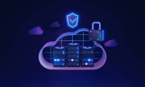 Cloud security and network file storage safety 3D illustration concept. Information upload to server for encrypted and password protected database hosting. Access to safe backup tech with web key.