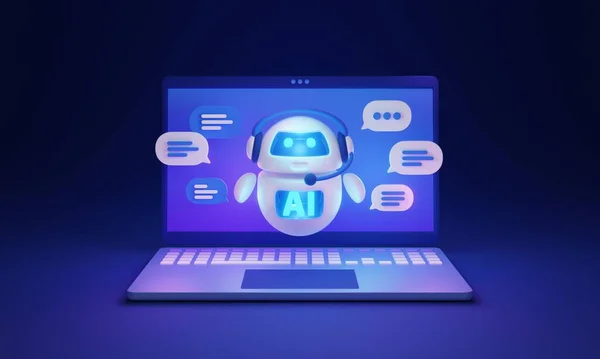 自動化されたカスタマーサポートのためのチャットボットAiアシスタント3Dイラストコンセプト 人工知能演算子とボット技術をチャット ユーザーまたはクライアントの質問と回答を含むデジタルメッセージ — ストック写真