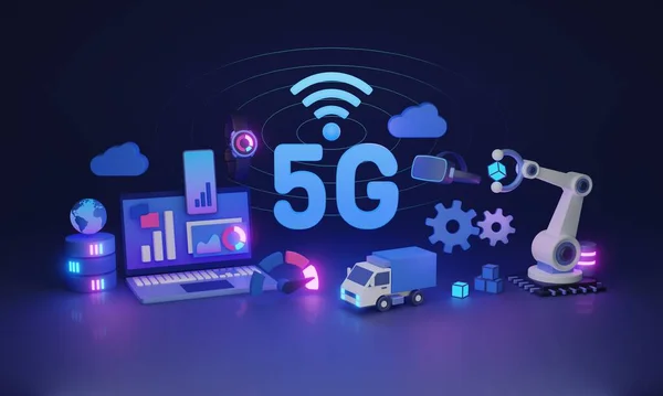 高速互联网的5G连接为Iot技术3D图解概念 用于数据流 下载或上传的快速光学信号 具有无线覆盖的移动电话移动电话服务天线 — 图库照片
