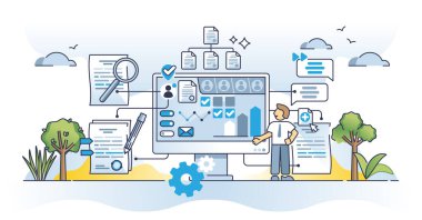 Otomatik dijital anlaşma aracı ana hatlı sözleşmeli yönetim yazılımı. Etkili belge yönetimi, otomasyon ve dijital vektör illüstrasyonu için yapay zeka teknolojisine sahip bilgisayar sistemi