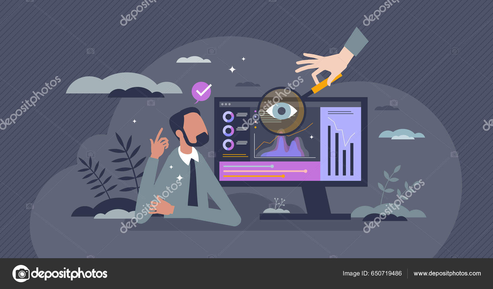 テクノロジーツールを使用したデータ分析と管理小さな人の概念 利益とお金の流れの組織と金融情報研究 パフォーマンスチェックと分析ベクトル図  ストックベクター ©VectorMine 650719486