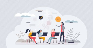 Kişiselleştirilmiş öğrenme ve adaptif eğitim sistemi minik insan konsepti. Çocukların hızına ve vektör illüstrasyonunu öğrenme yeteneğine odaklı bilgi eğitimi. Okul derslerinde bireysel deneyim.