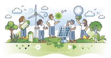 Yeşil elektrik hattı kavramı için topluluk tabanlı yenilenebilir enerji. Toplum, doğaya dost güneş enerjisi ya da rüzgar enerjisi illüstrasyonuna destek veriyor. Sürdürülebilir ve çevresel ortamı koru.