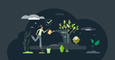 Yeni başlayanlar için bahçıvanlık yapmak ve kendi gıda bitkilerinizi yetiştirmek küçük insan konsepti. Kadın hobisi olarak topraktan sebzeleri ve yeşil canlı vektör resimlerini toplayın. Yeşil salata ekiyorum..