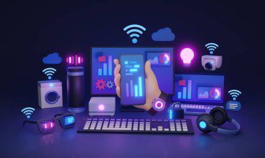 Nesnelerin interneti ya da cihaz bağlantısı olarak IOT 3 boyutlu illüstrasyon kavramı. Wi-Fi sinyalli modern ve akıllı teknoloji ve internet erişilebilirliği olan günlük cihazlar. Yazılım uygulaması olan araçlar