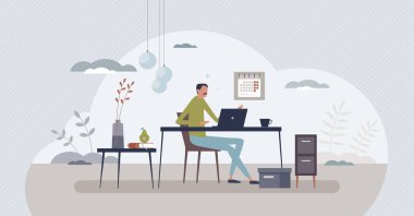 Ev-ofis organizasyonu ve ev-zaman yönetiminden küçük insan konsepti. Konforlu, çatı katı tarzı daire vektör illüstrasyonunda etkili işler. Serbest meslek ve öğrenim için çalışma alanı.