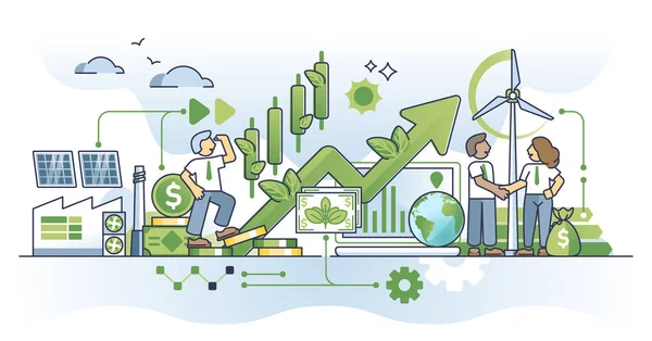 绿色金融和影响投资促进可持续企业纲要概念 利用可再生资源消费矢量进行环境投资评价 经济和气候目标 — 图库矢量图片