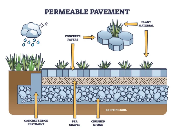 Pavimento Permeable Como Camino Con Estructura Drenaje Agua Lluvia Esquema — Archivo Imágenes Vectoriales