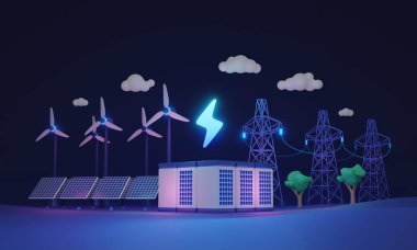 Şebeke ölçekli enerji depolama ve elektrik üretim 3 boyutlu illüstrasyon kavramı. Alternatif güneş paneli ya da rüzgar türbini gücü yeşil ve doğa dostu çözüm. Yedekleme için şarj istasyonu.