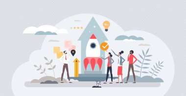 Girişim ve yeni yenilikçi iş projesi minik insan kavramını başlatıyor. Hızlı gelişim ve ürün kırılma vektörü çizimi için fikri ve fonu olan bir şirket. Kooperatif yenilik takımı.