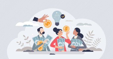 Küçük insan konsepti için para toplamak amacıyla kitle fonlama. Yenilikçi fikir vektörü illüstrasyonu olan yeni bir şirket için finansal destek. Kampanya için kolektif fon platformu.