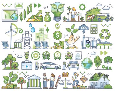 Sustainable investment elements and green ESG ecology outline collection. Social responsible business strategy, recyclable resources and renewable power consumption items group vector illustration. clipart