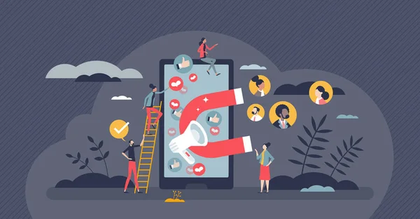 Клієнтська Взаємодія Рекламою Соціальних Мереж Розміщення Концепції Крихітної Людини Бізнес — стоковий вектор