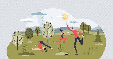 Yoga aktivitesi, iyi bir duruş için açık havada yapılan fiziksel aktivitedir. Küçük insan konsepti. Esneme, dayanıklılık egzersizleri ve sağlıklı vücut vektörü çizimleri için sağlıklılık. Çalışma oturumunda doğa enerjisi.