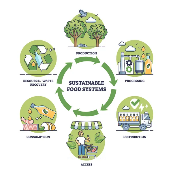 Hållbara Livsmedelssystem Med Naturvänlig Resursförbrukning Skissera Diagram Märkt Utbildningsprogram Med — Stock vektor