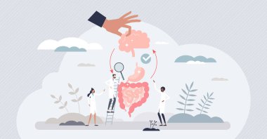 Bağırsak ekseni duygusal duygu ve bağırsak bağı küçük insan konsepti. Ruh hali ve bağırsak ya da mide mikro flora sağlık vektörü çizimi arasındaki etkileşim. Gastrobağırsak etkisi.