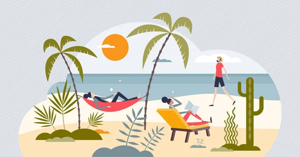 Relajación Ocio Con Vacaciones Tranquilas Playa Concepto Persona Minúscula Dormir — Vector de stock