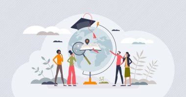 Küresel eğitim ve yurtdışında öğrenme, minik insan konsepti. Üniversitede akademik bilgelik vektör illüstrasyonuna çalış. Diploma ve üniversite mezuniyeti için seyahat. Okul mesafesi.