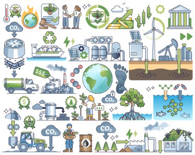 Carbon capture and CO2 dioxide storage underground outline collection set. Exhaust air pollution problem solution as nature friendly method vector illustration. Elements with greenhouse gas control. clipart