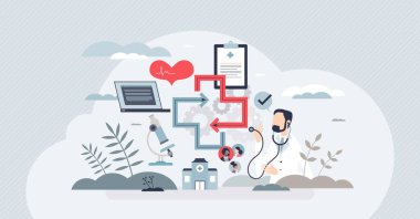 Sağlık veri entegrasyonu ile tıpta birlikte çalışabilirlik, küçük insan konsepti. Hızlı veri değişimi vektör çizimi için elektronik kayıt sistemine sahip etkili ve üretken sağlık modeli.