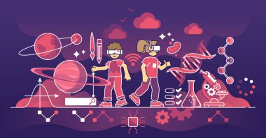 Eğitimde VR ve akıllı öğrenme konsepti için 3D gözlük kullanımı. Okul sınıfı vektör çizimi için sanal gerçeklik deneyimi. Teknolojik simülasyonlarla yenilikçi bilgi geliştirme.