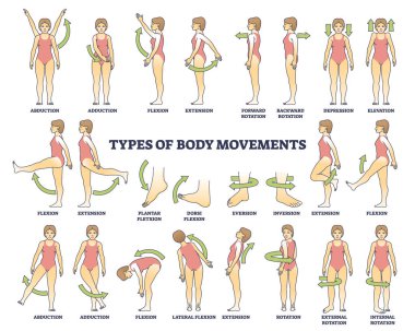 Body movement types with medical physical motion explanation outline diagram. Labeled educational anatomy scheme with healthy leg, arm or shoulders rotation, extension or inversion vector illustration clipart